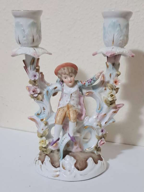 Vintage Dresden Style German Porcelain Double Candlestick with Figurine of a young boy