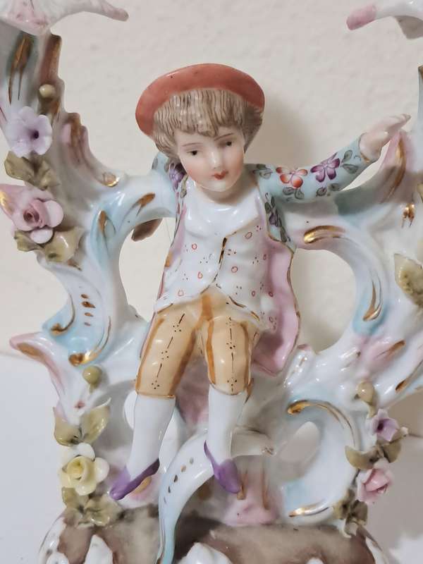Vintage Dresden Style German Porcelain Double Candlestick with Figurine of a young boy
