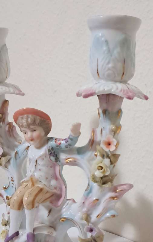 Vintage Dresden Style German Porcelain Double Candlestick with Figurine of a young boy