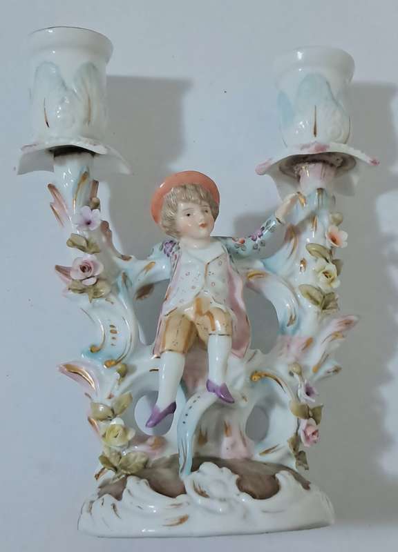 Vintage Dresden Style German Porcelain Double Candlestick with Figurine of a young boy