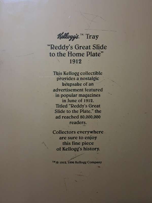 Collectible Kellogg`s Tray - `Reddy`s Great Slide to the Home Plate` 1912 Advertisement c1996