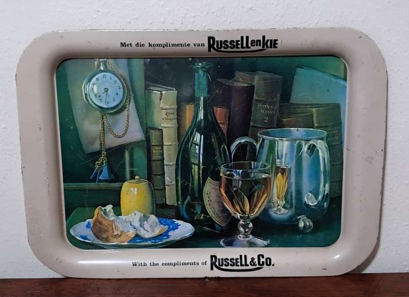 Vintage Tray featuring Russell and Co advertising
