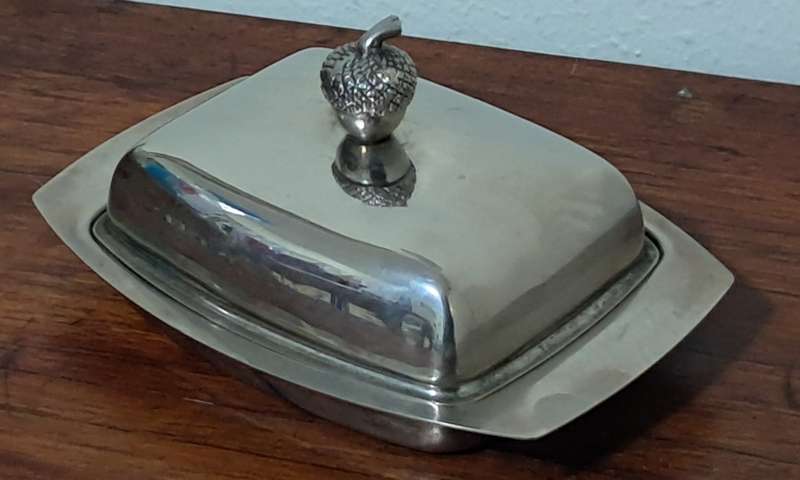 Vintage Silver Plated Butter Dish featuring an exquisite carved acorn handle