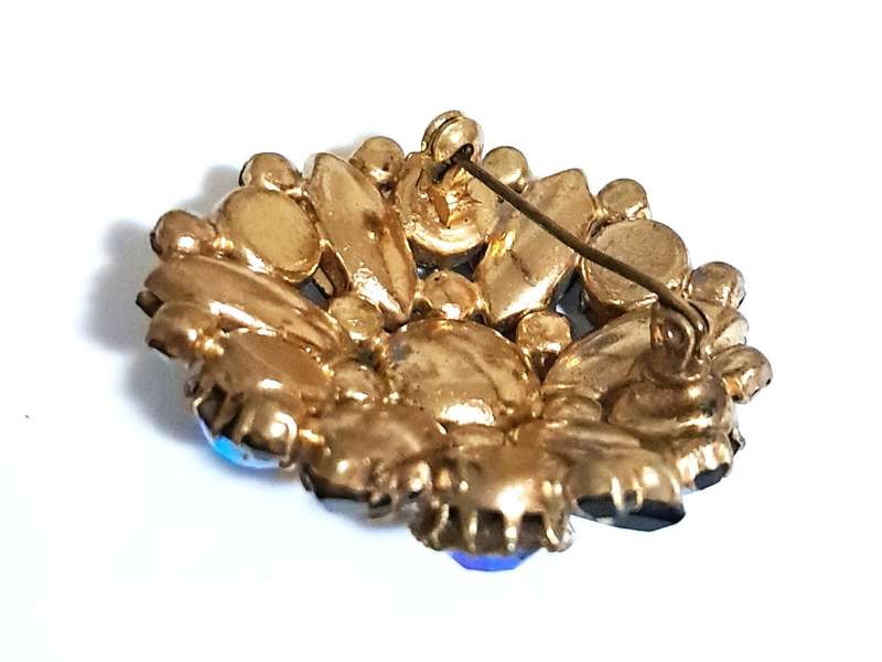 Vintage Czech/Bohemian Blue Crystal Aurora Borealis Rhinestone Brooch c1950