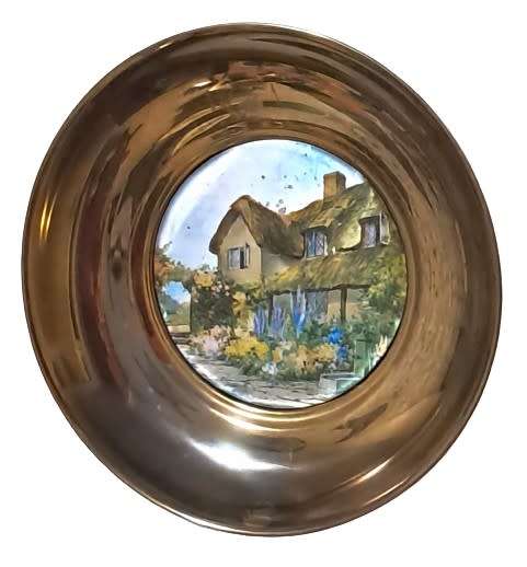 Vintage Large Brass Iridescent Foil Art Wall Plate Country Cottage Scene - Made in England