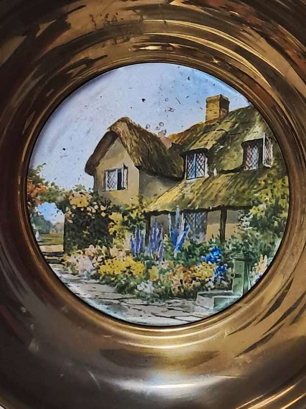Vintage Large Brass Iridescent Foil Art Wall Plate Country Cottage Scene - Made in England
