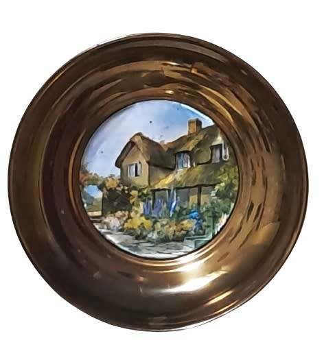 Vintage Large Brass Iridescent Foil Art Wall Plate Country Cottage Scene - Made in England