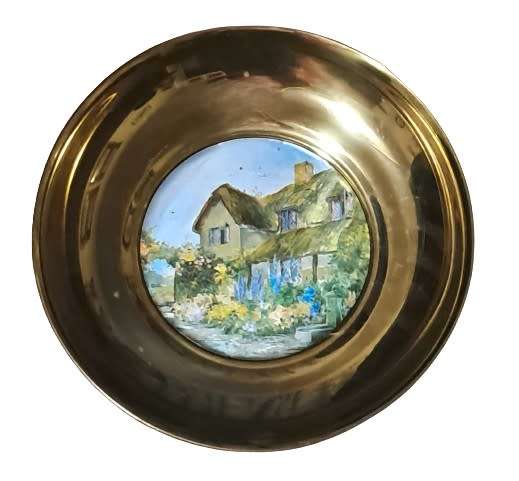 Vintage Large Brass Iridescent Foil Art Wall Plate Country Cottage Scene - Made in England