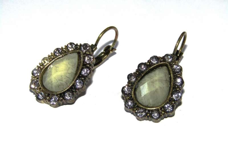 Pair of Vintage Antique Brass Tone Teardrop Earrings with Clear Rhinestones and Faceted Green Stone