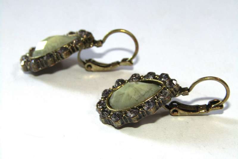 Pair of Vintage Antique Brass Tone Teardrop Earrings with Clear Rhinestones and Faceted Green Stone