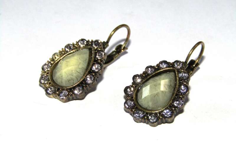 Pair of Vintage Antique Brass Tone Teardrop Earrings with Clear Rhinestones and Faceted Green Stone