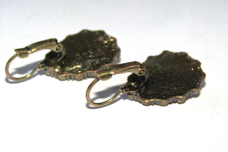 Pair of Vintage Antique Brass Tone Teardrop Earrings with Clear Rhinestones and Faceted Green Stone