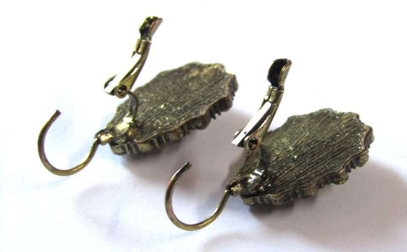 Pair of Vintage Antique Brass Tone Teardrop Earrings with Clear Rhinestones and Faceted Green Stone