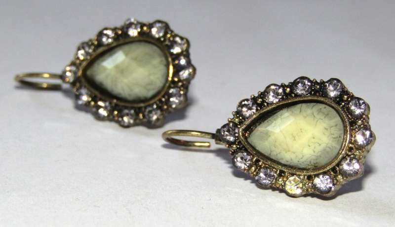 Pair of Vintage Antique Brass Tone Teardrop Earrings with Clear Rhinestones and Faceted Green Stone