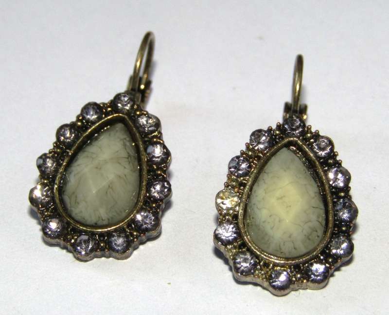 Pair of Vintage Antique Brass Tone Teardrop Earrings with Clear Rhinestones and Faceted Green Stone