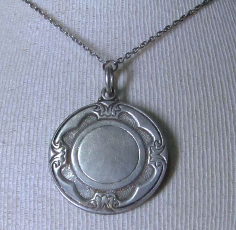 Vintage Engraved Round Art Nouveau Pendant on 925 Sterling Silver Chain