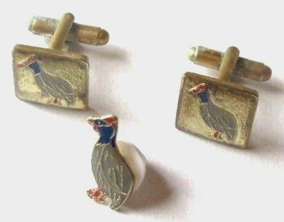 Vintage gold tone cufflinks with Guineafowl and a matching tie tack