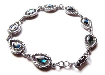 Vintage 1980s silver tone teardrop bracelet with Abalone Paua shell set in each drop