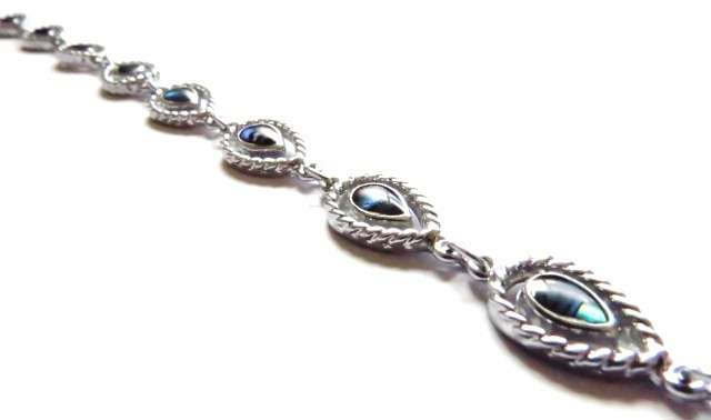 Vintage 1980s silver tone teardrop bracelet with Abalone Paua shell set in each drop