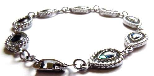 Vintage 1980s silver tone teardrop bracelet with Abalone Paua shell set in each drop