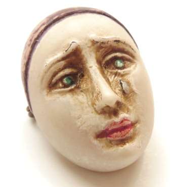 Vintage sad harlequin's face hand painted resin brooch pin 