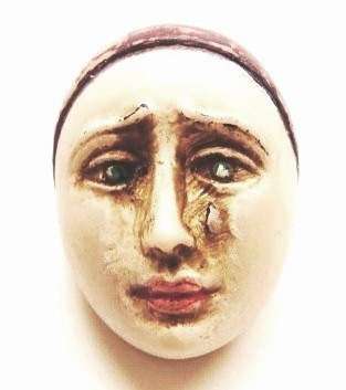 Vintage sad harlequin's face hand painted resin brooch pin 