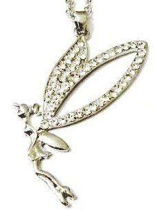 Large Tinkerbell pendant with sparking wings on a silver tone chain
