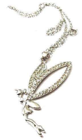 Large Tinkerbell pendant with sparking wings flying on a silver tone chain