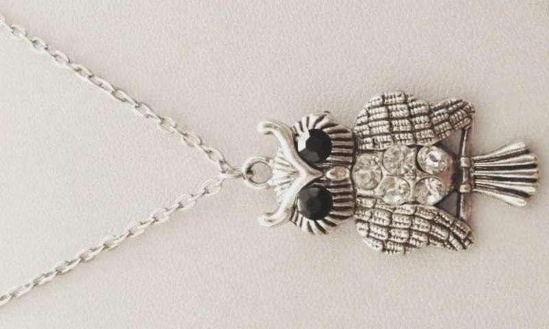 Owl pendant with black and clear stones on a silver tone chain