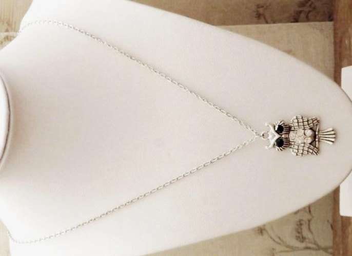 Owl pendant with black and clear stones on a silver tone chain