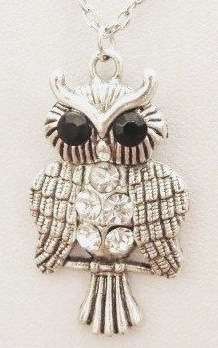 Owl pendant with black and clear stones on a silver tone chain