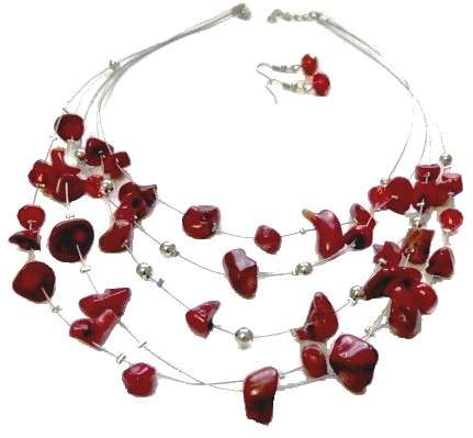 Red layered costume jewellery necklace with matching earrings