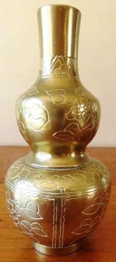 Antique Chinese marked and engraved double gourd brass vase