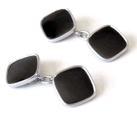 Art Deco square double sided black enamel and silver tone chain link cufflinks - Made in England