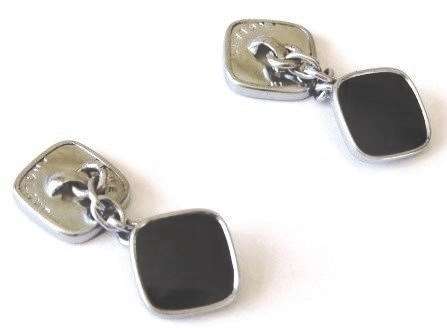 Art Deco square double sided black enamel and silver tone chain link cufflinks
