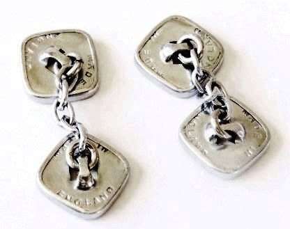 Art Deco square double sided black enamel and silver tone chain link cufflinks