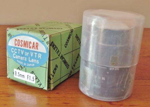 Vintage Japanese made Cosmicar CCTV or VTR 8.5 mm F 1.5 camera lens in original box 
