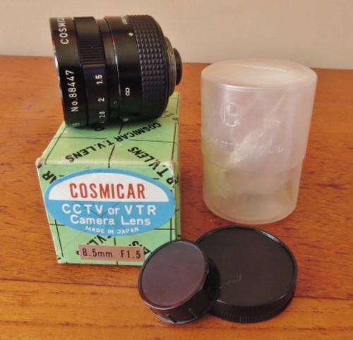 Vintage Japanese made Cosmicar CCTV or VTR 8.5 mm F 1.5 camera lens in original box