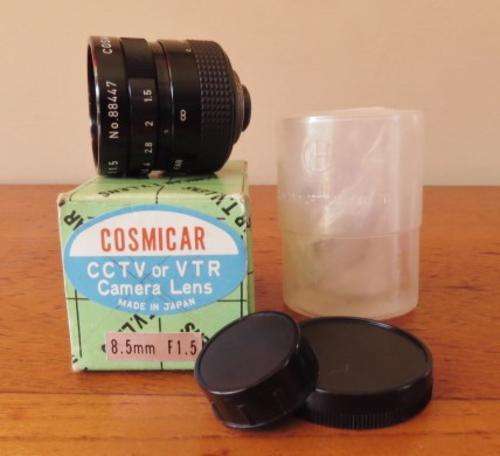 Vintage Japanese made Cosmicar CCTV or VTR 8.5 mm F 1.5 camera lens in original box 