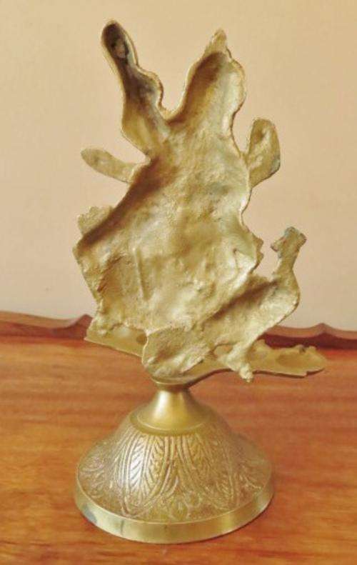 Vintage solid brass Hindu goddess Saraswati with 5 oil lamps on an engraved base