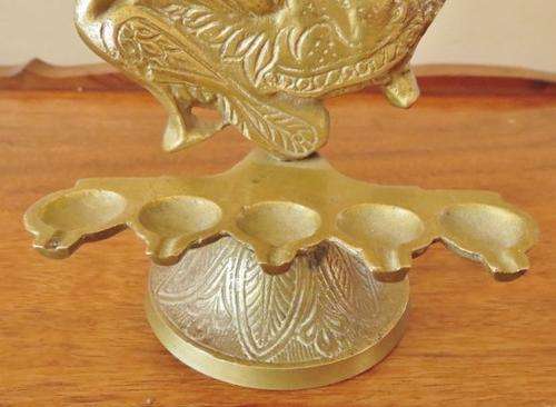 Vintage solid brass Hindu goddess Saraswati with 5 oil lamps on an engraved base