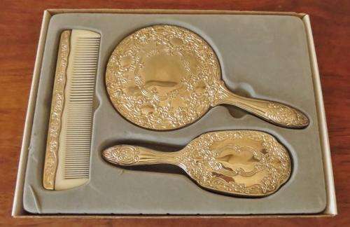 Vintage ornate silver plated dresser set in original box