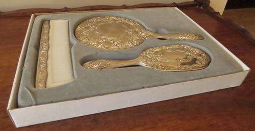 Vintage ornate silver plated dresser set in original box