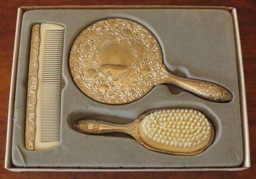Vintage ornate silver plated dresser set in original box