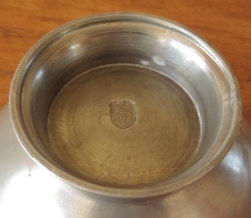 Vintage European pewter double handled porringer bowl on a raised foot