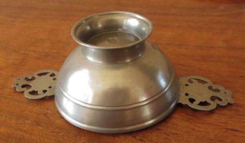Vintage European pewter double handled porringer bowl on a raised foot