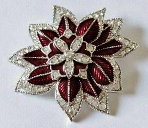 Vintage flower brooch pin signed 'Monet' with clear rhinestones and deep red enamel