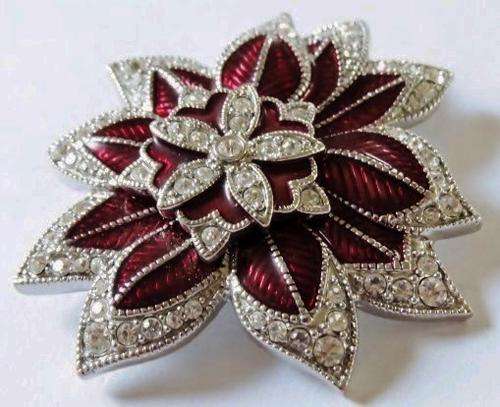 Vintage flower brooch pin signed 'Monet' with clear rhinestone and deep red enamel