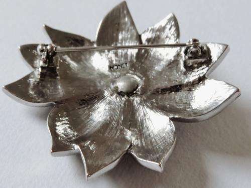 Vintage flower brooch pin signed 'Monet' with clear rhinestone and deep red enamel