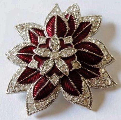 Vintage flower brooch pin signed 'Monet' with clear rhinestone and deep red enamel
